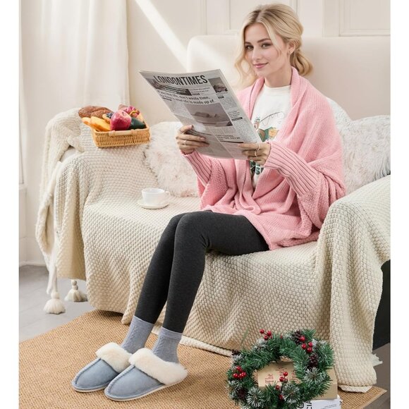 Women's Light Blue Fluffy Cozy Winter Warm Memory Foam Slip On Slippers Shoes - Picture 7 of 7